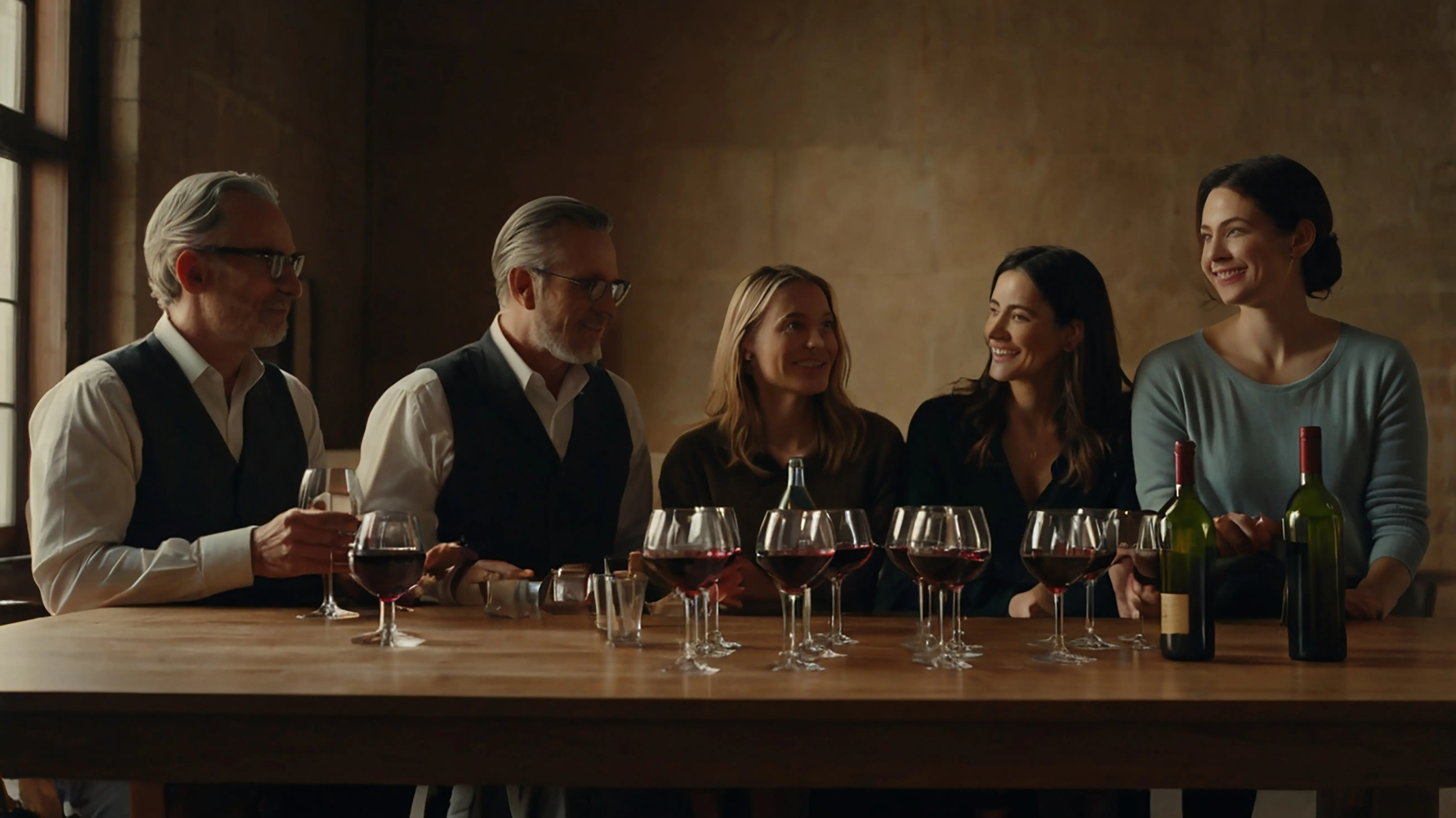 A serene wine-tasting setting with bottles and glasses.